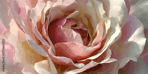 Close up of a delicate pink rose with intricate petals and a soft dreamy bokeh background