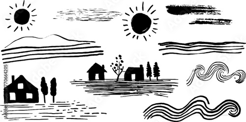 Minimalist abstract black and white doodles featuring landscapes and nature elements for creative design