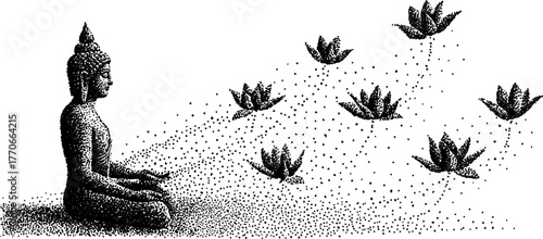 Serene meditation scene featuring ancient statue and floating lotus blossoms