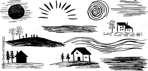 Minimalist abstract landscape doodles with black and white linear designs for creative projects