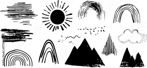 Minimalist abstract doodle collection with mountains, rainbows, and sun for creative design