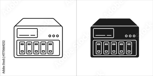 Network attached storage nas device icon, black and white outline and solid fill