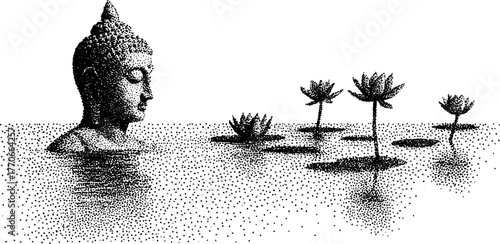 Tranquil buddha statue with lotus flowers in water - vintage dotwork design for meditation and zen decor