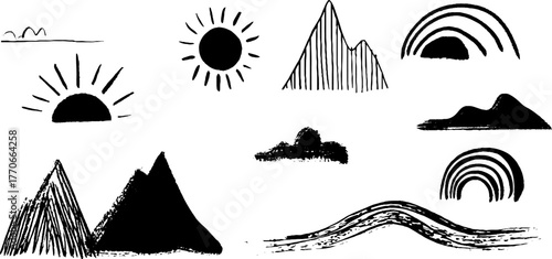 Minimalist abstract black and white doodles with linear mountains and sun designs for artistic decoration