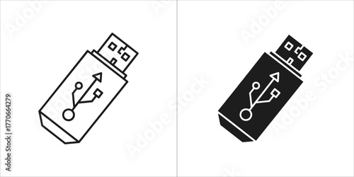 Two icons of a usb flash drive, one outlined and one solid black
