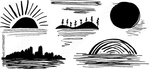 Minimalist abstract black and white linear sun doodles collection for creative design