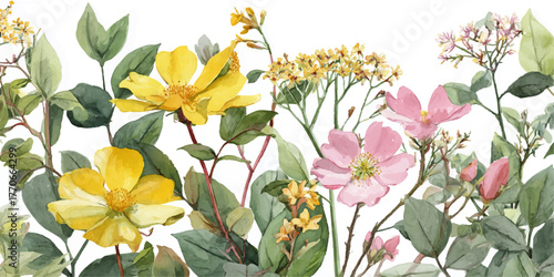 watercolor floral arrangement featuring yellow and pink blossoms with lush green foliage in a detailed botanical art style.