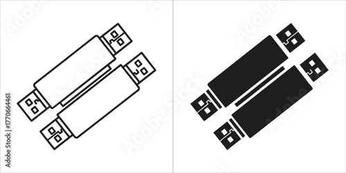 Two icons of usb flash drives, one black and white outline and one solid black