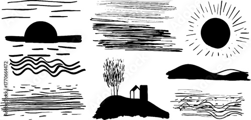 Minimalist abstract black and white doodles featuring sun, waves, and landscape elements