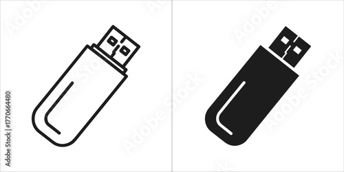 Two icons of usb flash drive, one outlined and one filled