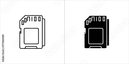 Two icons of micro sd card with data pins, one outlined and one filled