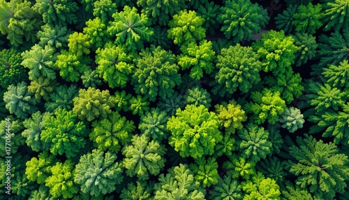 A vibrant aerial view of a lush green forest canopy showcasing a diverse array of deciduous and coniferous trees, creating a textured mosaic of leaves with rich shades of green