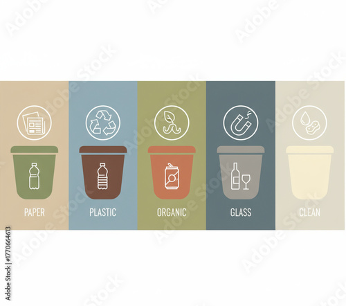 Recycling bins for different waste types paper, plastic, organic, glass, and clean waste illustration