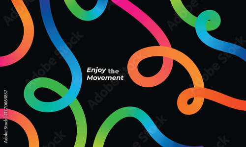 Colorful gradient ribbons flowing on black background with text Enjoy the Movement abstract blue