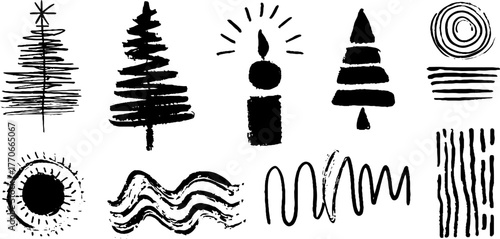 Minimalist abstract doodles in black and white with trees and candle design elements