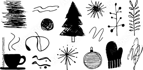 Minimalist abstract black and white doodles featuring holiday and nature elements for creative designs