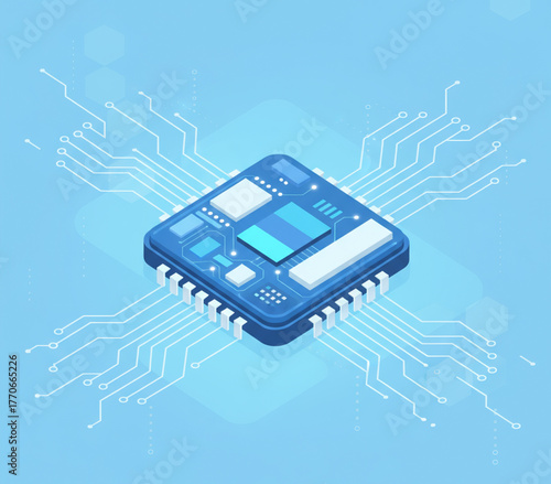 Isometric vector illustration of a central computer processor microchip on a digital circuit board background representing technological innovation