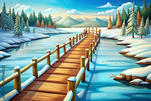 Long wooden pier stretching into snowy frozen lake under clear winter sky