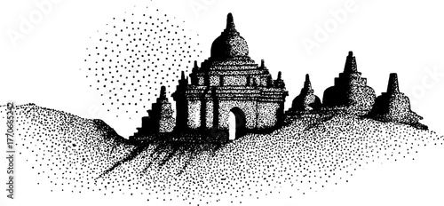Ancient temple façade in black and white dotwork style for artistic design and decor