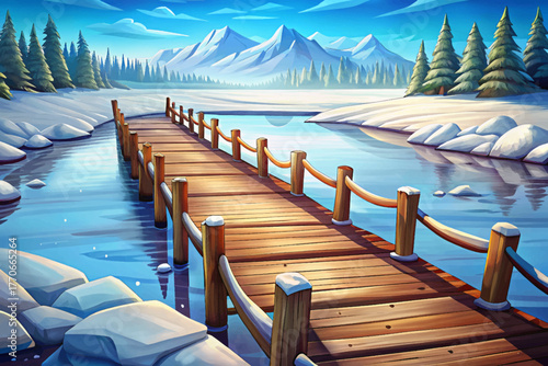 Long wooden pier stretching into snowy frozen lake under clear winter sky