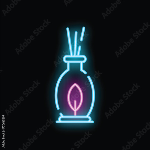 Blue and pink neon sign of a reed diffuser spreading fragrance, on black background