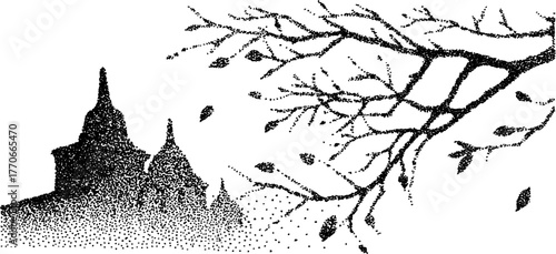 Ancient temple with tree branch in stipple art - black and white design for vintage aesthetic