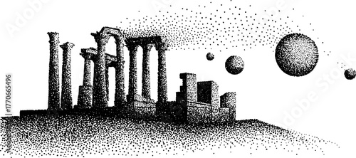 Black and white dotwork illustration of an ancient temple lit by torches