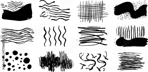 Minimalist abstract black and white doodles set for creative design projects