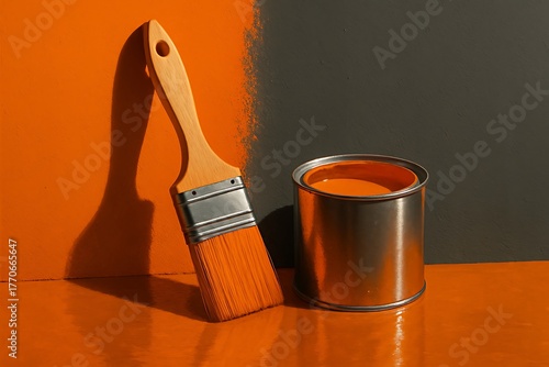 Orange paint can and brush leaning against a wall with gray and orange
