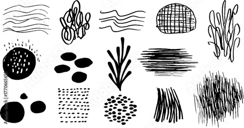 Minimalist abstract black and white doodle collection for modern design projects