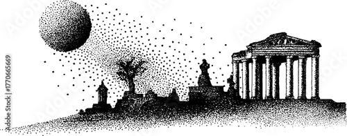 Mystical ancient temple in black and white with torches and dotwork artistry