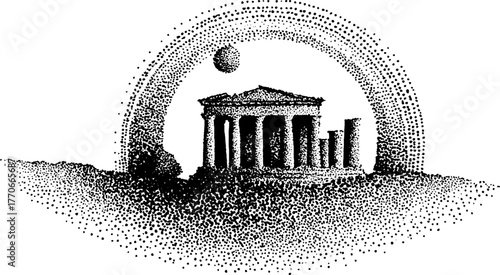 Ancient temple through archway in black and white dotwork illustration