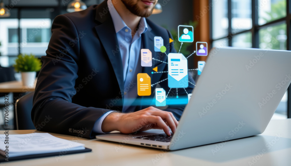 Fototapeta premium Businessman using laptop for electronic invoice management, digital document workflow