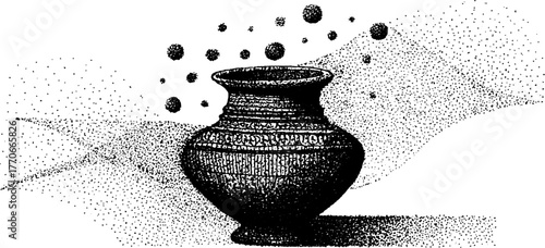 Ancient vase with floating elements: black and white dotwork illustration for art and design