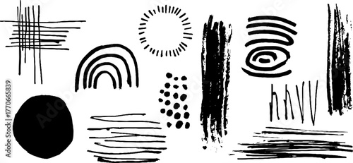 Minimalist abstract black and white doodles set for modern design and artistic projects