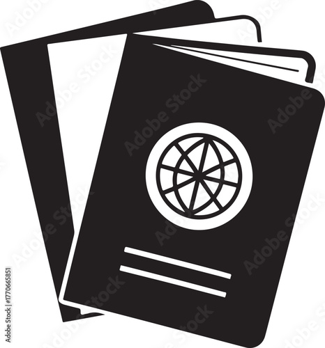 Black and White Icon of Two Passports with Globe Emblem Keywords: passport, travel, document, identification, international, visa, trip, journey, vacation, global, world, emblem, icon, symbol