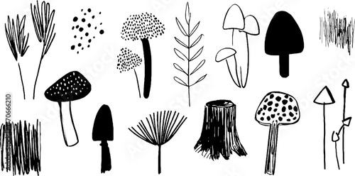 Minimalist black and white abstract mushroom doodles set for creative design