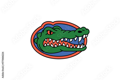 A fierce green alligator mascot with sharp teeth is depicted in a cartoonish style.