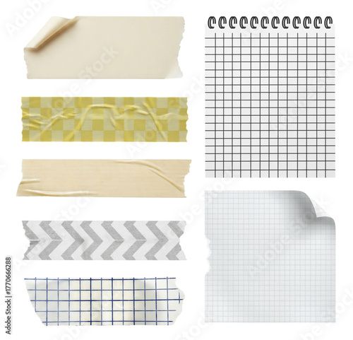 Collection of artistic tapes and grid paper elements for creative scrapbooking, journaling, and design projects, adding vibrant texture and a modern, handcrafted feel to any visual narrative.