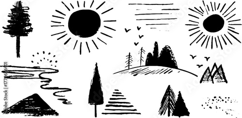 Minimalist abstract nature doodles in black and white for design and inspiration