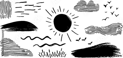 Minimalist abstract nature doodles in black and white for creative design