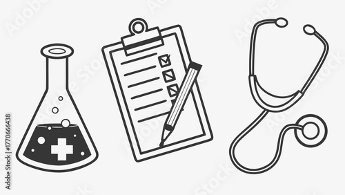 Modern healthcare essentials showcasing a stethoscope, clipboard, and lab flask, perfect for medical professionals and health campaigns with scientific touch