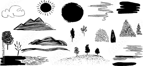 Minimalist black and white nature doodles for design and decoration
