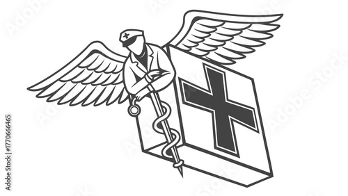 Dynamic winged medical emblem featuring nurse with caduceus and cross, perfect for healthcare branding and promotional materials, originally a scalable vector graphic