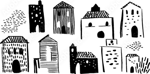 Minimalist abstract sketch of old town buildings for design or decoration