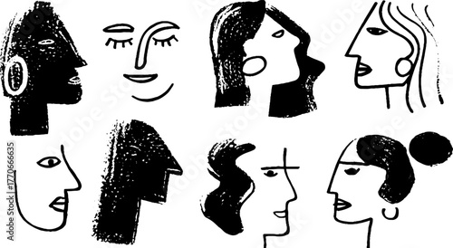 Minimalist abstract black and white doodles: one line faces collection for modern design
