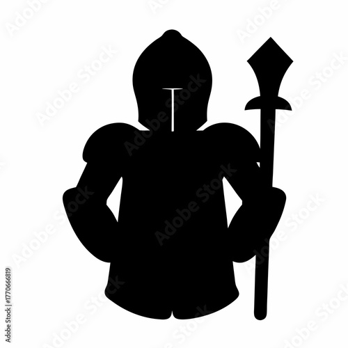 Black silhouette illustration of a knight in armor with a halberd