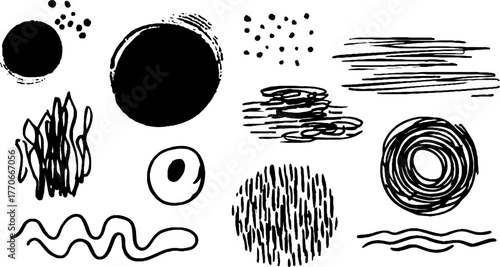 Minimalist abstract organic doodle collection in black and white for modern design