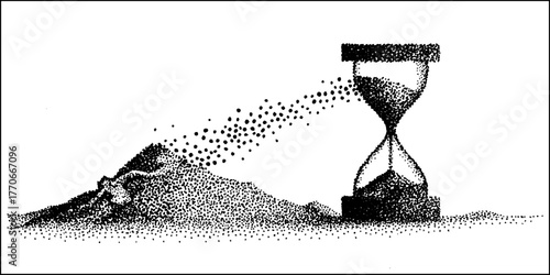 Vintage dotwork hourglass and sand pile illustration