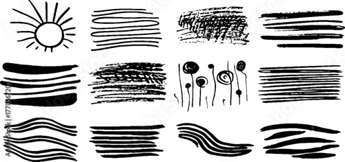 Minimalist black and white doodle set with various abstract lines for creative design